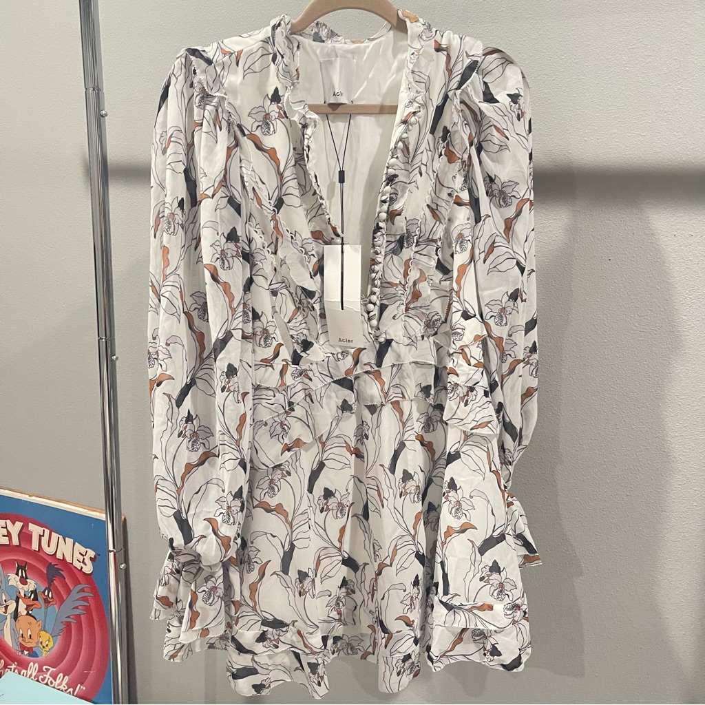 Acler White Floral Print Long Sleeve Mini Dress